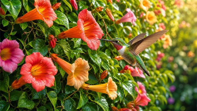 A tiny hummingbird hovering near a wall of trumpet-shaped flowers and glossy leaves.