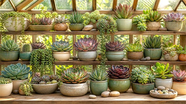 Greenhouse shelves arranged with succulents, small pots, pebbles, and warm glass reflections.