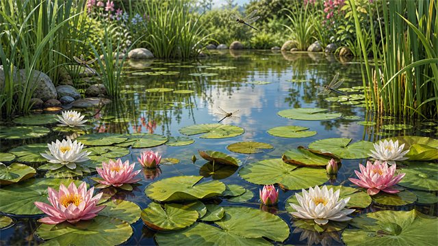 A quiet pond with water lilies, reeds, dragonflies, and reflections under soft daylight.