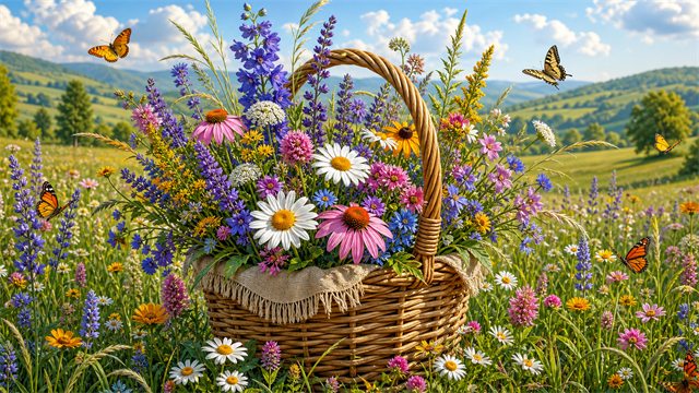A woven basket of wildflowers sitting in a meadow with butterflies and soft hills.