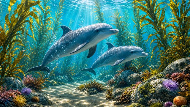 Two dolphins passing through a kelp lagoon with bubbles, rocks, and soft turquoise water.