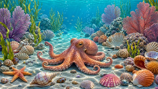 A friendly octopus beside colorful shells, coral fans, seaweed, and sandy ripples.