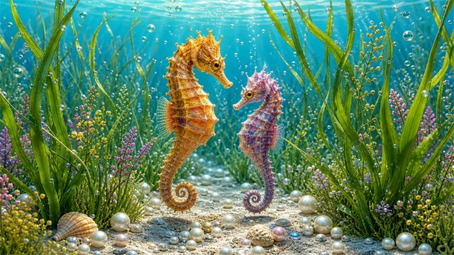 Two seahorses drifting through a sea-grass meadow with tiny bubbles and pearl-like stones.
