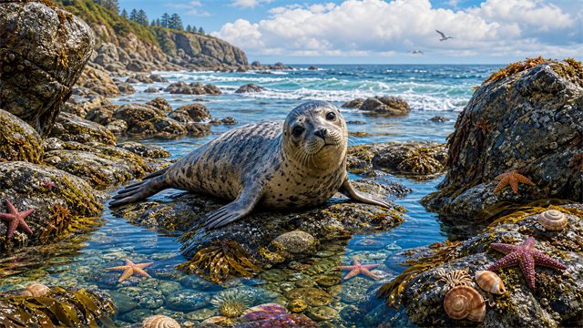 A curious seal resting on a rocky cove with tide pools, starfish, and gentle waves.