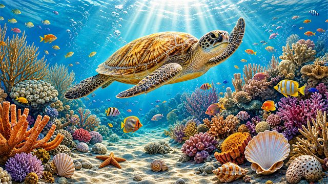 A sea turtle swimming above a coral garden with small fish, shells, and sun rays.
