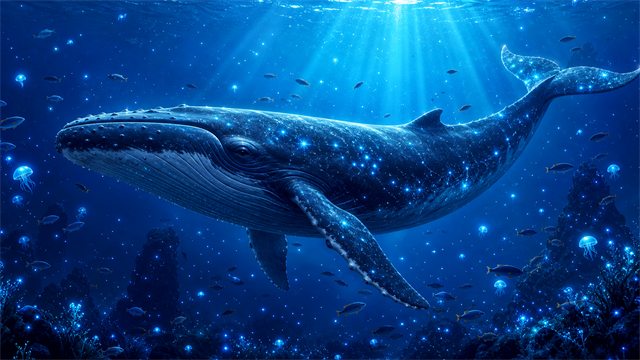 A gentle whale in deep blue water surrounded by glowing plankton, small fish, and distant light.