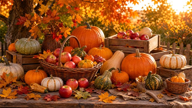 An autumn harvest table layered with pumpkins, apples, colorful leaves, and rustic wooden crates.