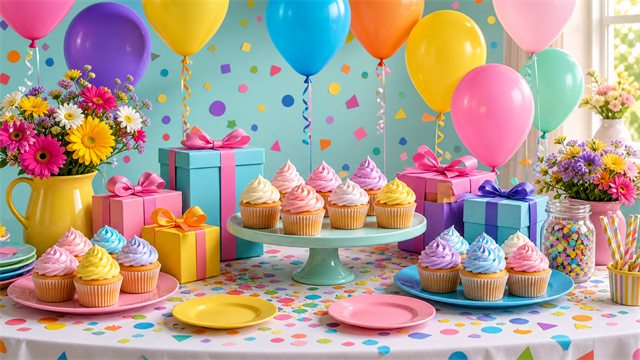 A festive birthday table filled with cupcakes, balloons, bright confetti, and colorful gift boxes.