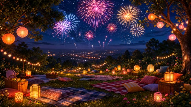 A cheerful hilltop celebration with colorful fireworks, glowing lanterns, picnic blankets, and tree silhouettes.