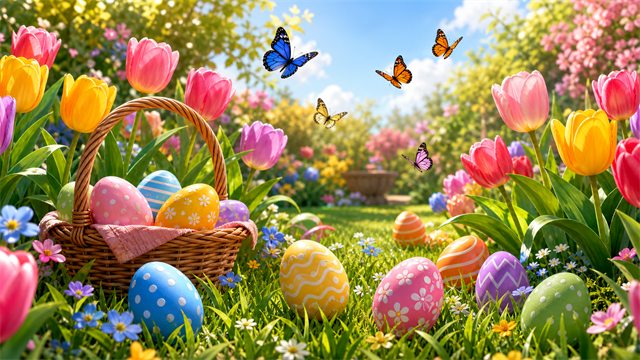 A spring garden with decorated eggs in the grass, tulips, butterflies, and a small woven basket.