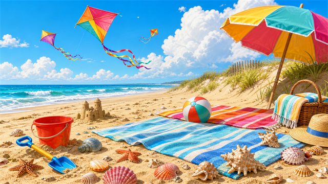 A sunny beach scene with colorful kites, striped towels, seashells, and gentle rolling waves.