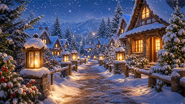 A peaceful winter village path with snow lanterns, evergreen branches, and warm windows.