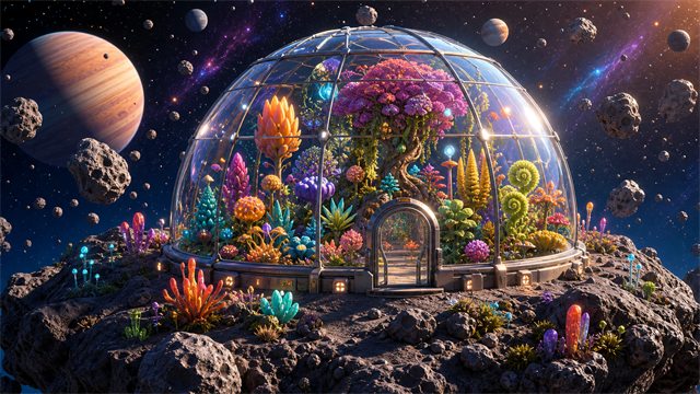 A transparent dome greenhouse filled with colorful alien plants on a small asteroid.