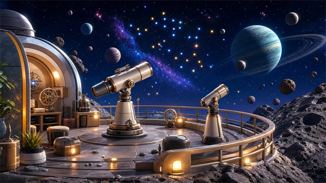 A small observatory deck with telescopes, glowing star maps, and colorful planets suspended overhead.