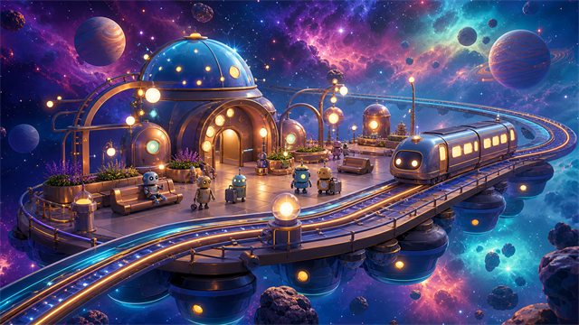 A whimsical space train platform floating in a nebula with glowing tracks and tiny helper robots.