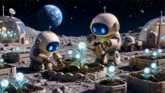 Two friendly robots tending glowing moon plants beneath a starry sky and a distant blue planet.