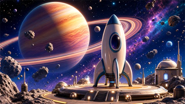 A playful rocket parked near a luminous ringed planet with colorful asteroids floating nearby.