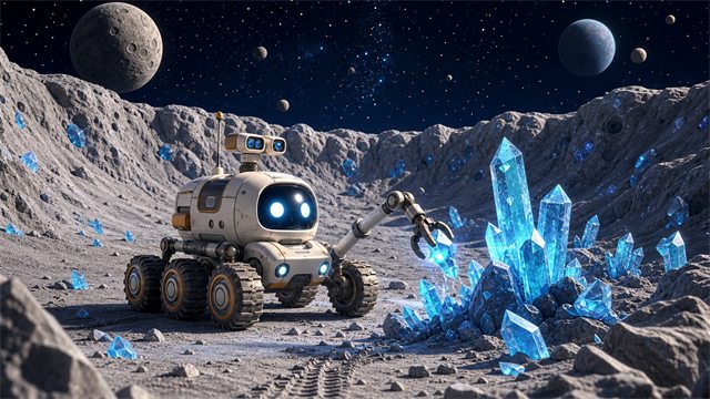 A cheerful space rover discovering blue crystals inside a moonlit crater beneath distant planets.