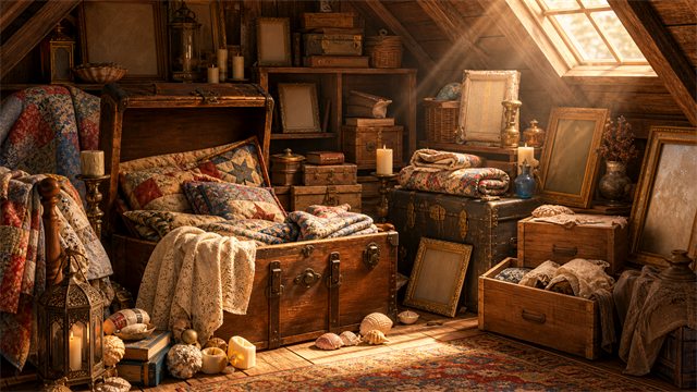 An attic with open trunks, folded quilts, keepsake frames, shells, candles, and soft shafts of light.