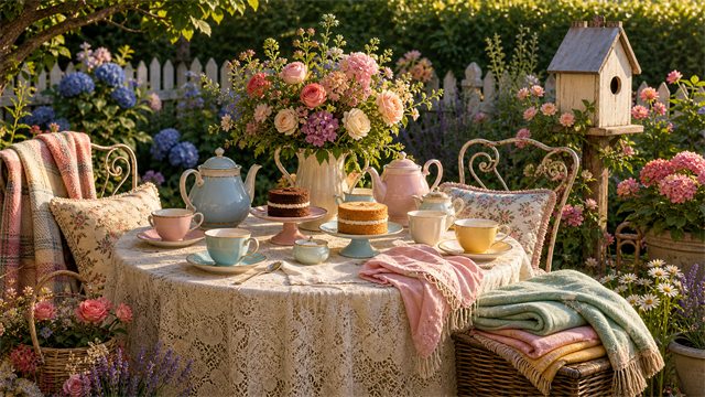 A cottage garden tea table with cups, small cakes, a picnic blanket, flowers, and a wooden birdhouse.