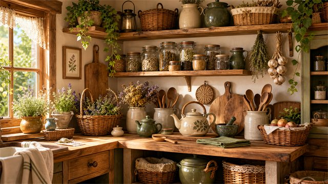 A cozy cottage kitchen filled with jars, baskets, hanging herbs, a teapot, and wooden shelves.