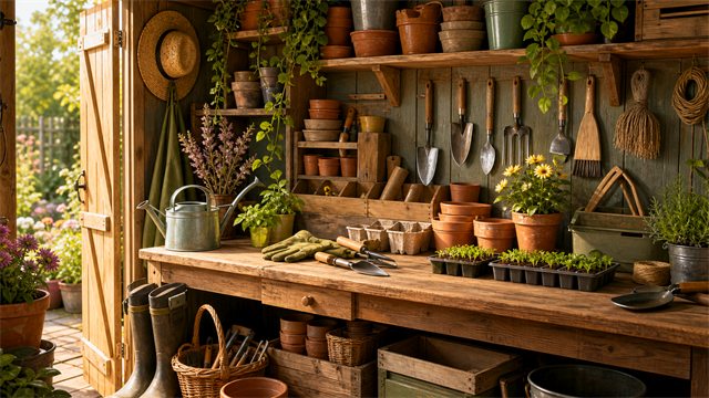 A tidy garden shed with hand tools, flower pots, seed trays, gloves, and warm afternoon sunlight.