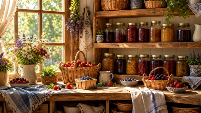A bright pantry window with unlabeled jam jars, berries, linen cloths, baskets, and flowers.