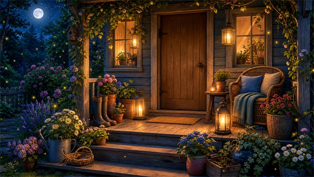 A moonlit cottage porch with boots, lanterns, potted flowers, cushions, and fireflies.
